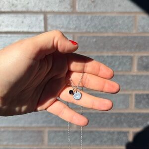 Dainty monogram silver Necklace with M initial and purple gem